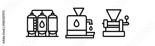 Industrial line icons of water purification, coffee machine, and grinder vector icon isolated