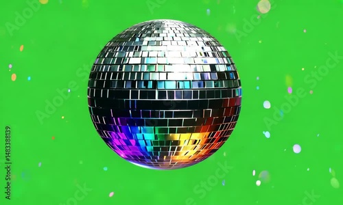 Disco Ball on Green Screen: A shimmering disco ball, reflecting vibrant rainbow colors, spins against a vibrant green screen, perfect for adding a touch of retro party flair to any project.