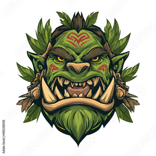 Stylized vector esports logo features fierce green creature with tribal markings and foliage accents