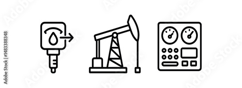 Oil extraction icon set featuring drill pump and control panel symbols vector icon isolated