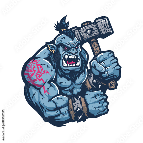 Vector esports logo featuring a powerful blue-skinned creature with a hammer, showcasing strength and intensity in a fierce design