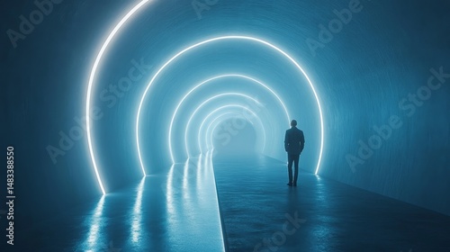 Fototapeta Naklejka Na Ścianę i Meble -  Abstract digital illustration of a person in a glowing tunnel.