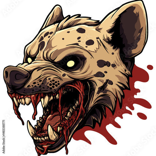 Fierce hyena esports logo featuring sharp teeth and blood accents in a bold design