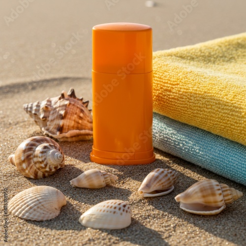 Orange Sunscreen Stick on Sandy Beach with Seashells