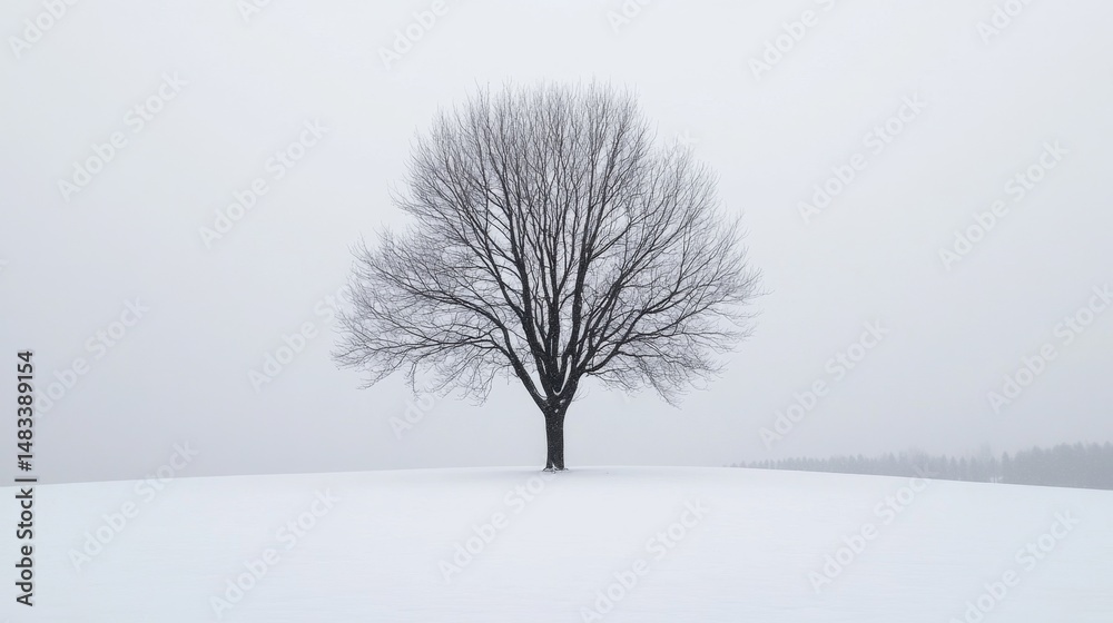 Fototapeta premium Solitary tree standing majestically on a snow-covered landscape winter serenity photography tranquil environment wide-angle view nature's beauty