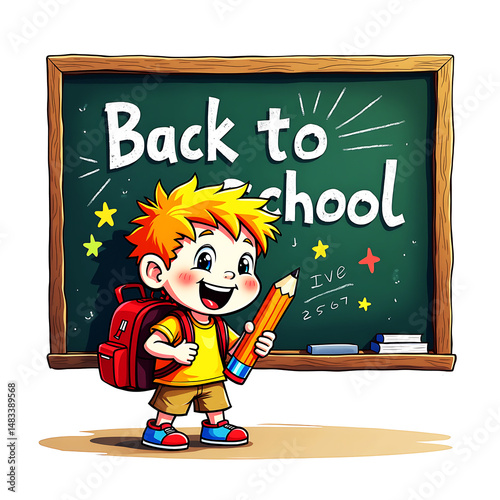 Cheerful Cartoon Child with Pencil and Backpack in Front of Back to School Blackboard