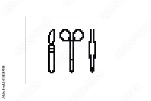Pixelated medical tools - scissors, scalpel, syringe icon set vector icon isolated