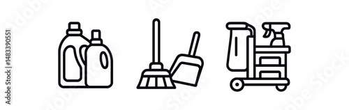Cleaning supplies icons: bottles, mop, broom, and cart outline collection vector icon isolated