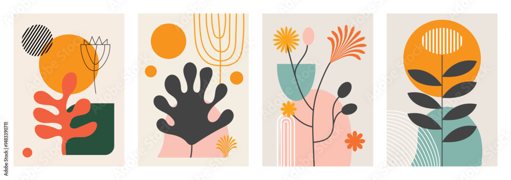 Set of abstract spring and summer cards with colorful designs for seasonal greetings and creative projects Set of abstract spring and summer cards with colorful designs for seasonal greetings and creative projects