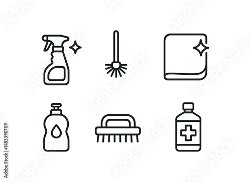 Cleaning icons: spray bottle, mop, cloth, detergent, brush, medicine bottle vector icon isolated