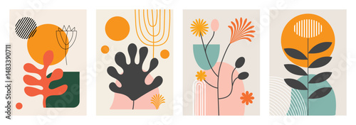 Set of abstract spring and summer cards with colorful designs for seasonal greetings and creative projects