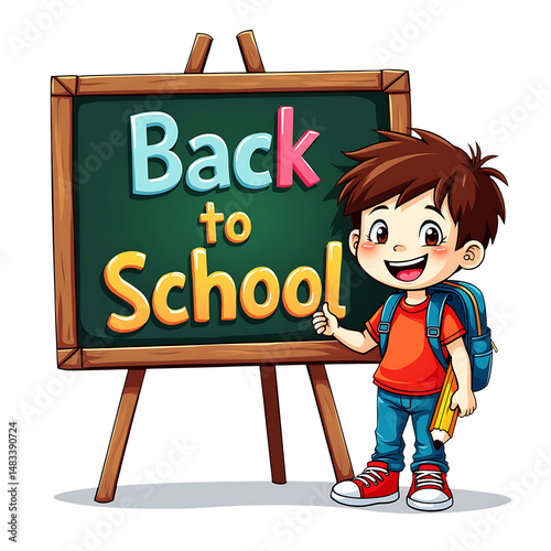 Cartoon Child with Pencil and Backpack Giving Thumbs Up in Front of Back to School Blackboard