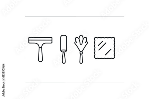 Outline icons of cleaning tools: squeegee, lint roller, duster, cloth vector icon isolated