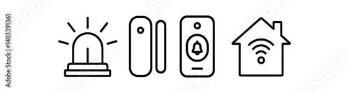 Smart home security icons: alarm, sensor, doorbell, wifi house vector icon isolated