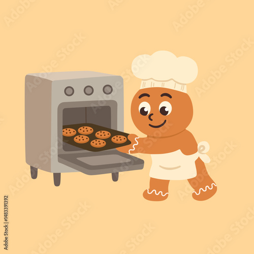 Cute flat vector illustration of a gingerbread cookie character dressed as a little chef, placing a tray of cookies into the oven.
