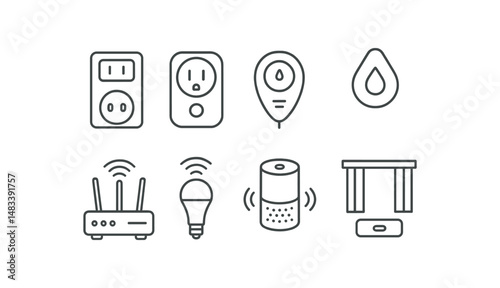 Smart home icon set: plugs, sensors, router, light, speaker, water drop, energy control vector icon isolated