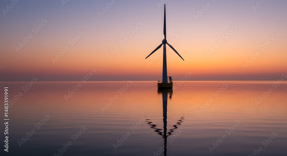 Obraz premium Wind turbine standing in water reflecting against a sunset sky in the background