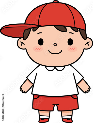 Adorable Cartoon Boy Wearing Red Cap and Shorts Illustration