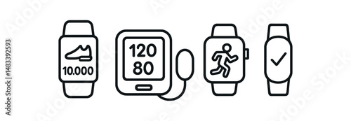 Wearable technology icons: fitness trackers, blood pressure monitor, smartwatches vector icon isolated