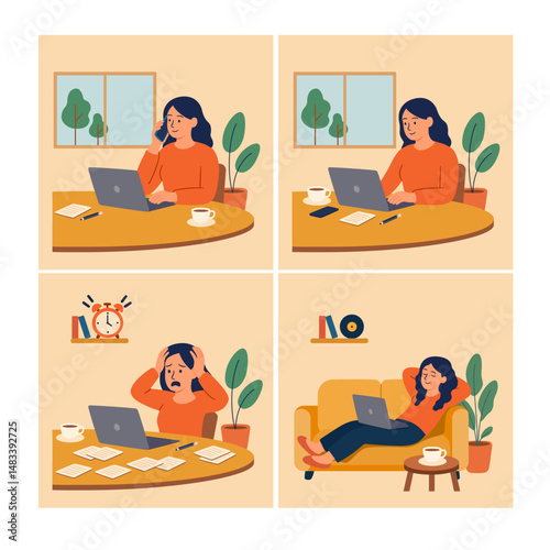 A flat vector illustration set featuring a young woman working remotely in different scenarios.