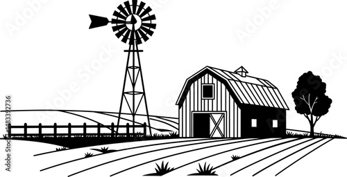 Classic Black and White Farm Illustration Barn, Windmill, and Fields