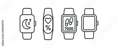 Smartwatch icons: sleep, heart rate, steps, and blank display symbols vector icon isolated