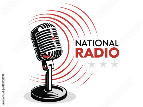 National Radio Vintage Microphone & Sound Waves – Professional Vector Illustration