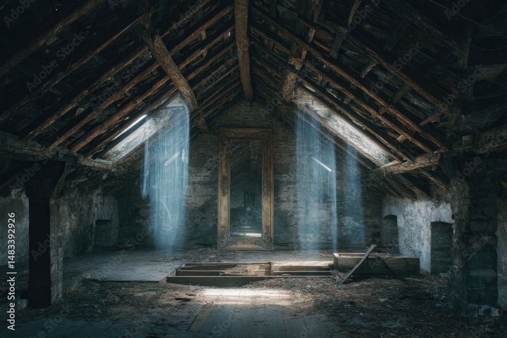 Surreal composite of a mirror reflecting ghostly apparitions in a decrepit attic Surreal composite of a mirror reflecting ghostly apparitions in a decrepit attic