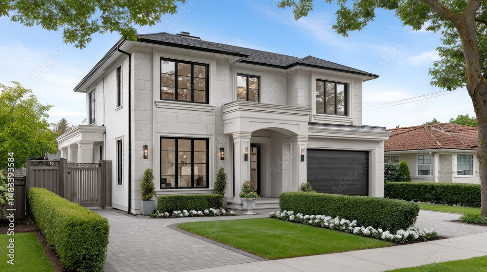 Fototapeta premium Beautiful two-story modern house with stone and steel features in a suburban Vancouver neighborhood under a clear blue sky