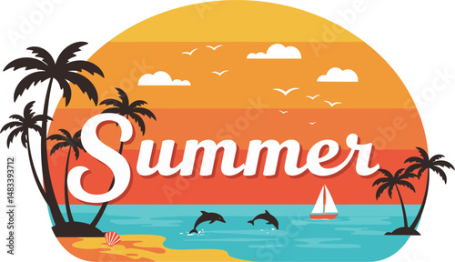 Summer Sunset Tropical Beach Scene with Palm Trees, Dolphins, and Sailboat