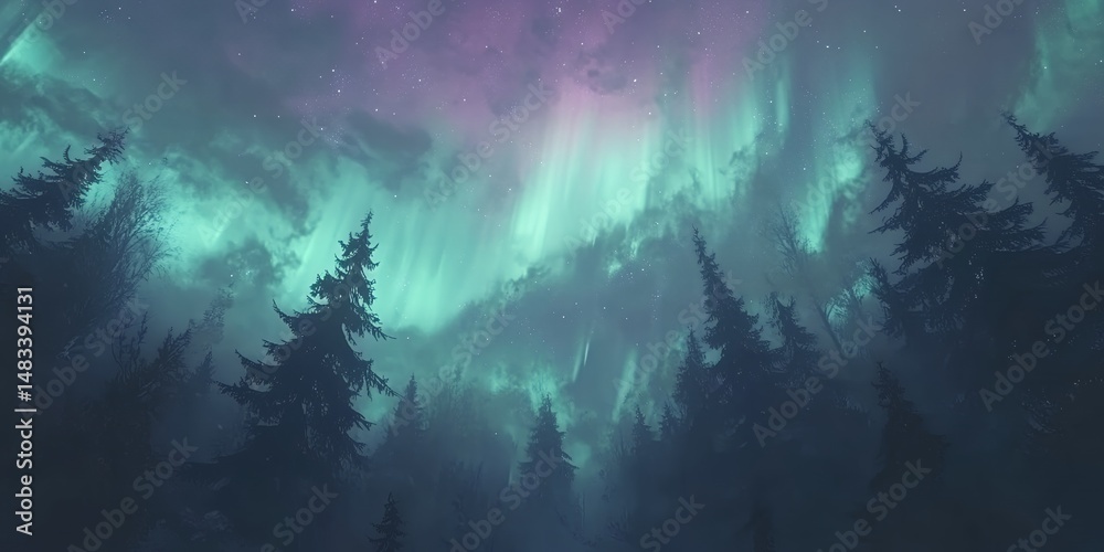 Obraz premium Enchanting Aurora Borealis Display over a Misty Pine Forest at Night A breathtaking view of the Northern Lights illuminating a mysterious evergreen woodland under a starlit sky