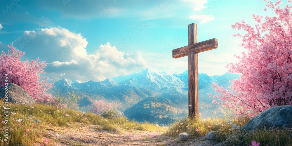 Cross stands in a serene landscape adorned with cherry blossoms and mountains during a vibrant spring day Cross stands in a serene landscape adorned with cherry blossoms and mountains during a vibrant spring day