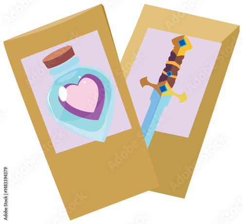 Two magical sticker  item cards display a glowing heart potion and an enchanted sword, suggesting collectible or RPG elements.