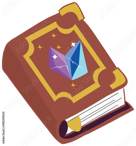  An ancient sticker   spellbook with a glowing crystal on the cover, indicating it's filled with enchanted knowledge or spells.
