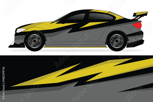 Sleek racing car design with dynamic graphics displayed