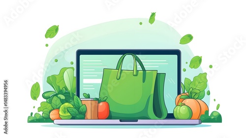 Modern online market concept with a laptop and eco-friendly bag with check mark symbol