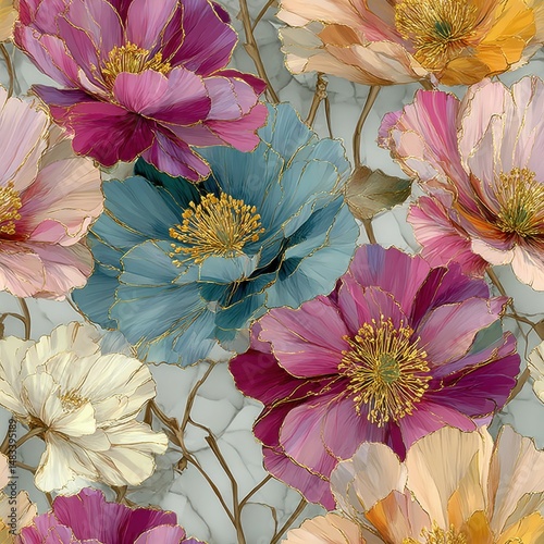 Elegant Floral Pattern with Colorful Flowers and Golden Outlines on Marble Texture - Luxurious Botanical Design