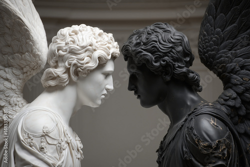 Two figures of angels opposite each other, white and black. Confrontation between good and evil