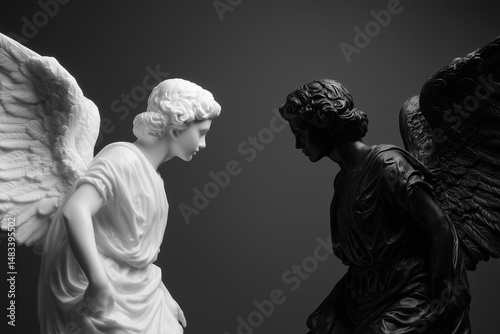 Two figures of angels opposite each other, white and black. Confrontation between good and evil