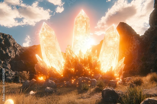 Crystal cluster, golden light, landscape photo