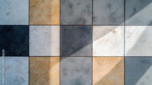 Close-up of a tiled floor. the tiles are arranged in a grid-like pattern, with each tile having a different color and texture.
