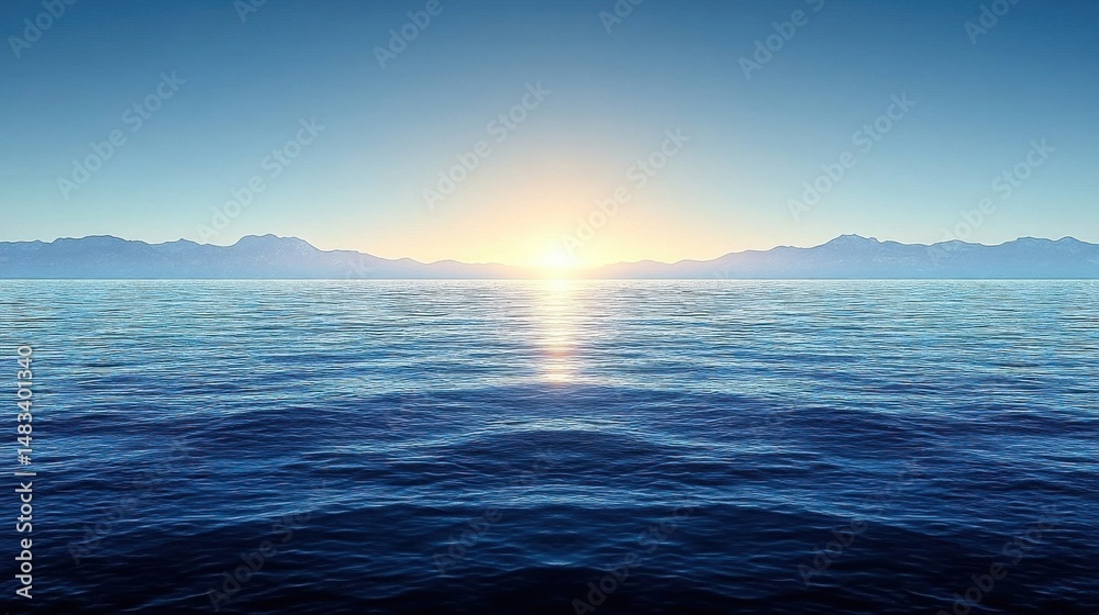 Obraz premium Scenic Horizon Overlooking the Blue Ocean with Mountains and Bright Sunrise