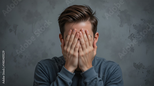 Young man covering face with hand expressing shame and embarrassment