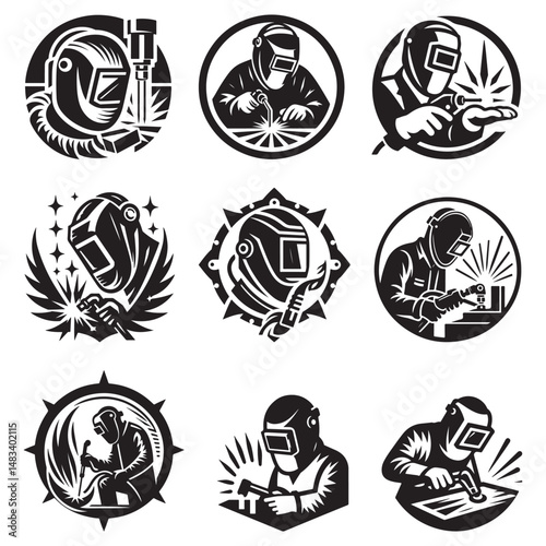 Black and White Welding Icons Set – Vector Art of Welders at Work