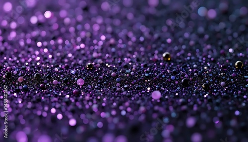 Dazzling purple spheres and bokeh lights creating an abstract festive background with sparkling glitter effects.