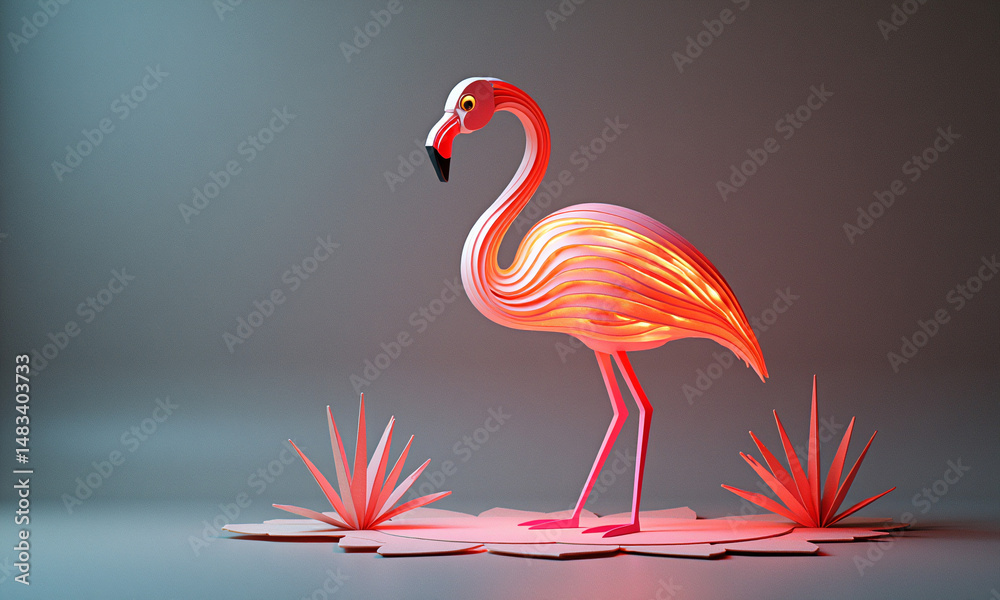 Obraz premium A single flamingo wades in still water, creating a mirror reflection under soft ambient glow and pastel sky tones.