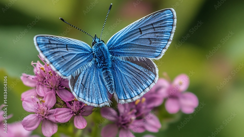 Fototapeta premium Vibrant blue butterfly on pink flowers