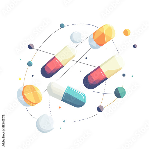 Colorful capsules and tablets in abstract scientific arrangement with orbiting spheres and dotted lines on white background vector illustration