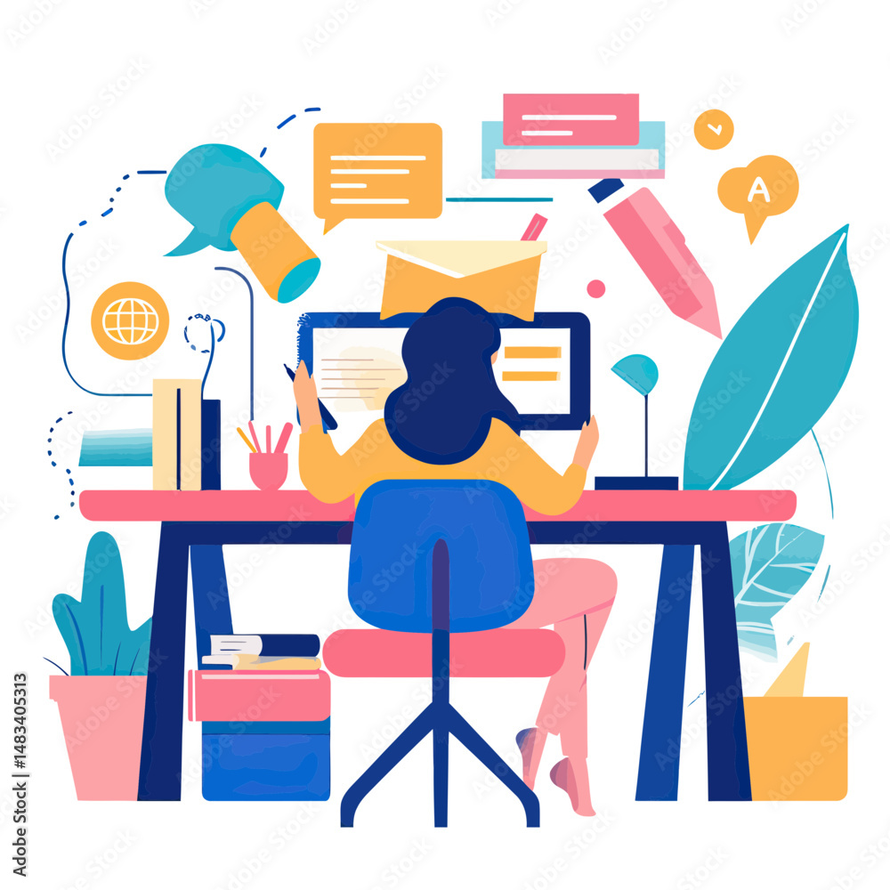 Remote online education concept with woman studying at computer desk surrounded by books, speech bubbles, and educational icons in flat minimalist style vector illustration