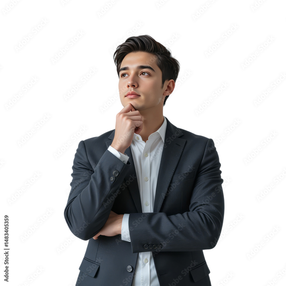 A young guy in an office suit standing in a thoughtful pose, eyes looking slightly upward, transparent background A young guy in an office suit standing in a thoughtful pose, eyes looking slightly upward, transparent background